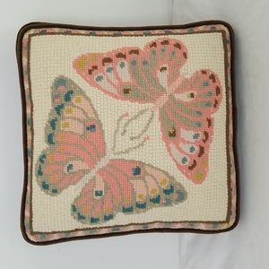 1970s Vintage Needlepoint Butterfly Bohemian Accent Pillow Velvet Back